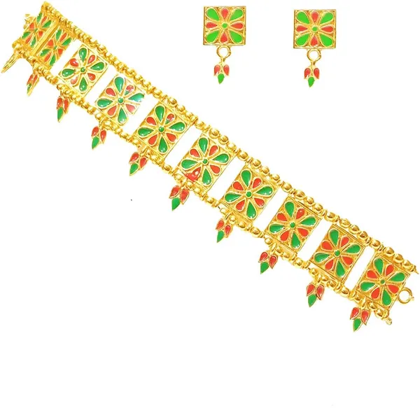 Assamese_Traditional_Gold_Plated_Red_Green_Colour_Golpata_Necklace_Set_For_Women